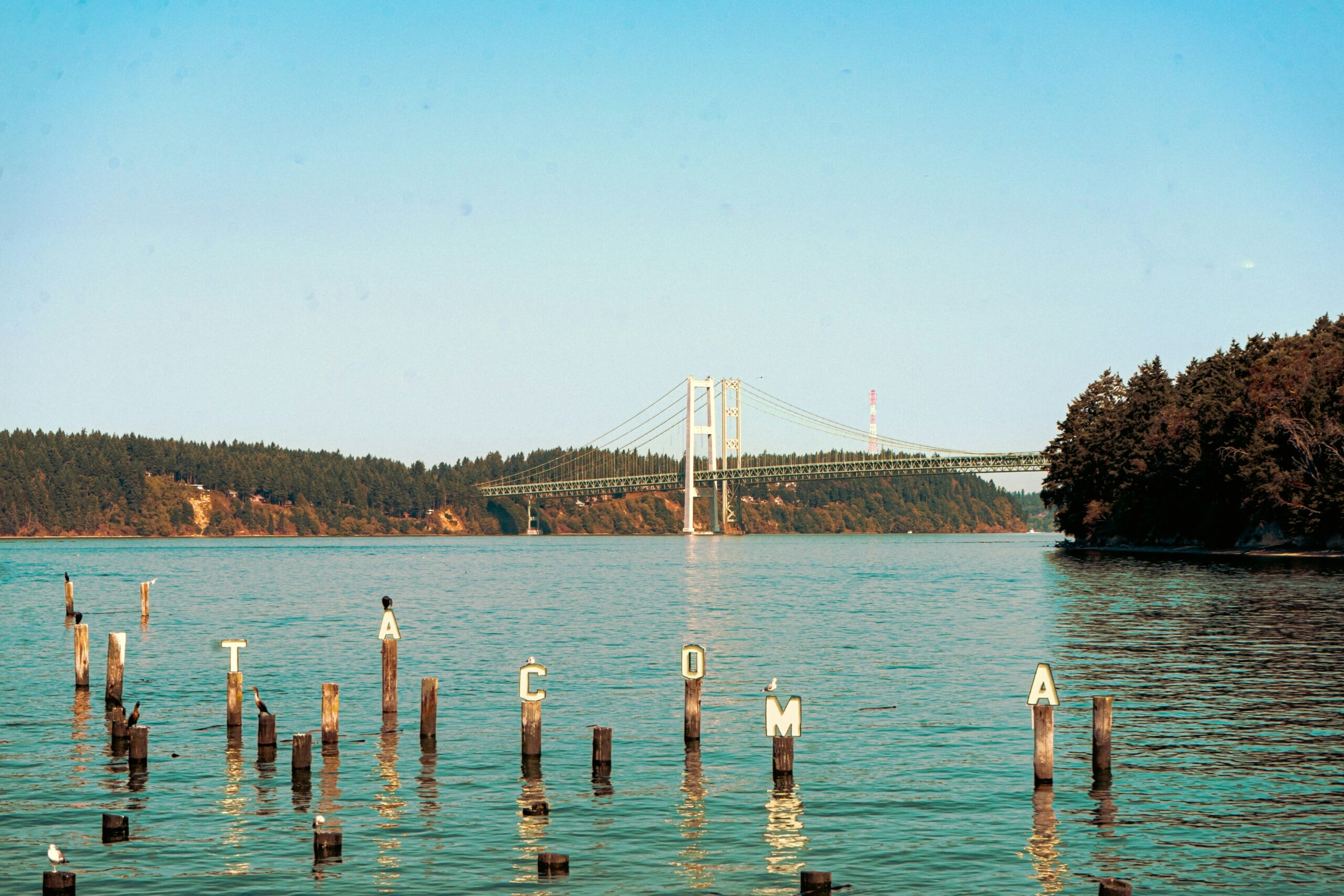 The Tacoma Narrows Bridge spanning Puget Sound in Pierce County, Washington